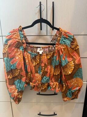 Cleobella Coral, Teal & Brown Puff-Sleeve Crop Blouse
